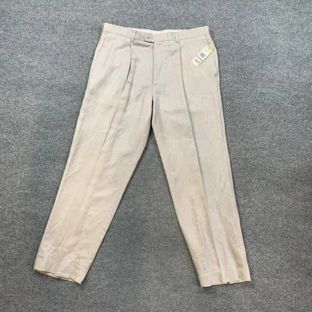 Cubavera Pants Mens 38 Ivory Linen Rayon Blend Herringbone Pleated Pocket Dress